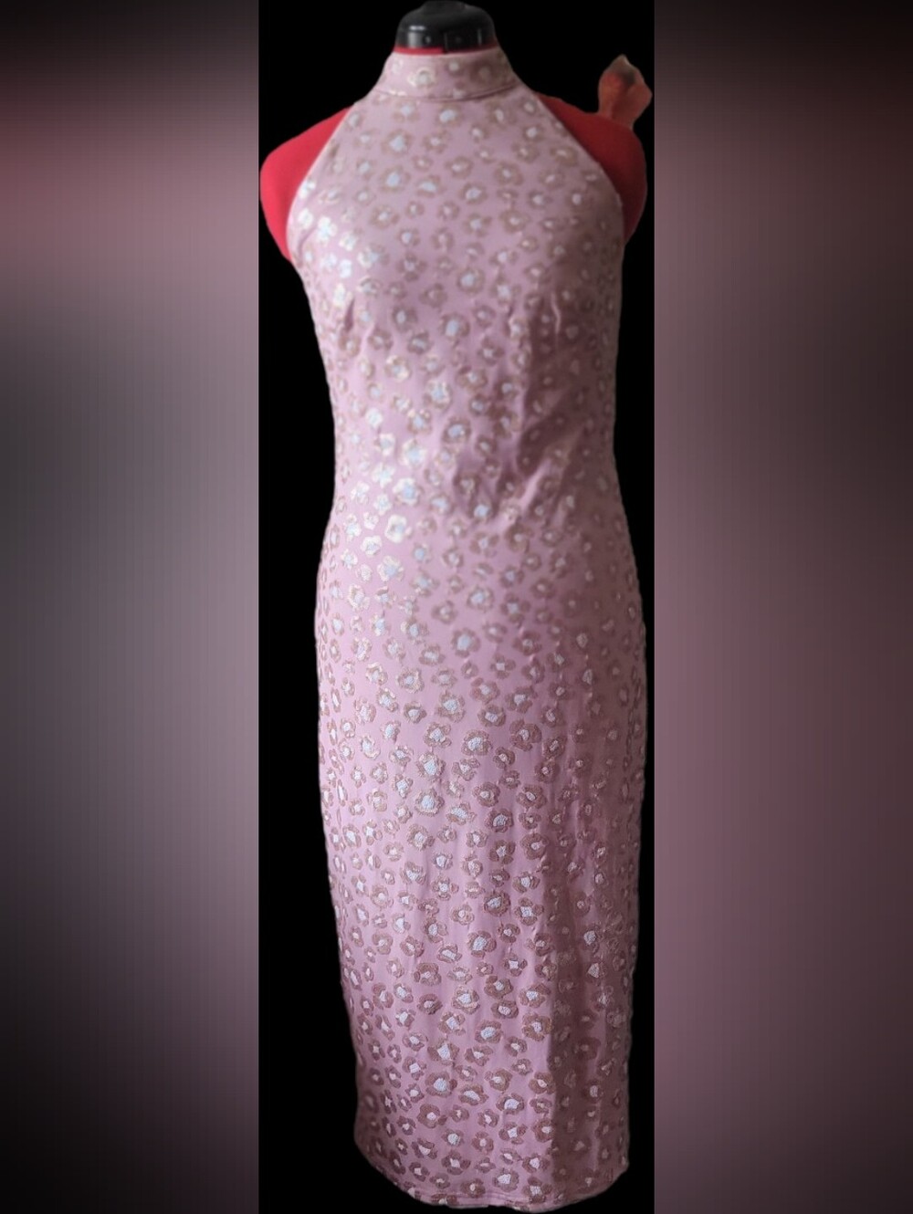 SHO by Tadashi Shoji Blush Pink Metallic Leopard-Print Halter Midi Dress